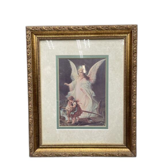 3 PC Gallery Graphics Gorgeous Gold Gilded Frames & Matted Guardian Angel Prints - Picture 2 of 7